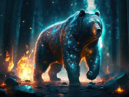 a big brown bear in the forest at nightの素材