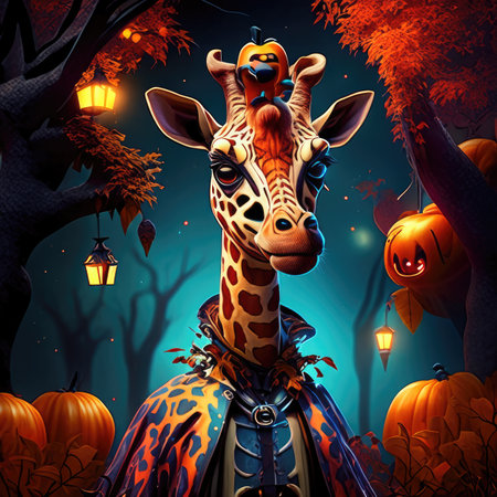 Giraffe in the forest with pumpkins.の素材