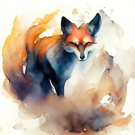 Watercolor painting of a fox on a white background.の素材