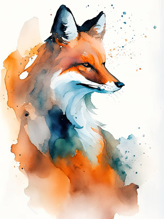 Watercolor painting of a red fox on white background.の素材