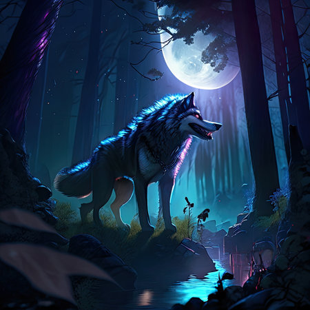 a wolf in the forest at night with full moonの素材