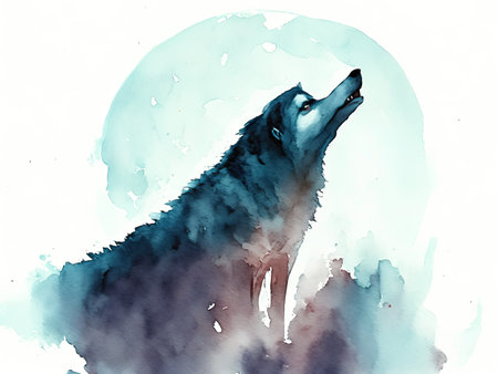 Watercolor illustration of a wolf howling on a background of the moonの素材