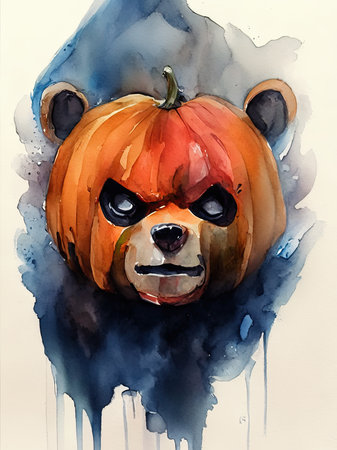 Watercolor Pumpkin and bear face on white backgroundの素材