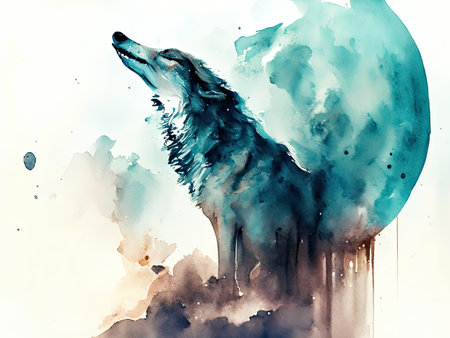 Watercolor wolf howling at the camera in profileの素材