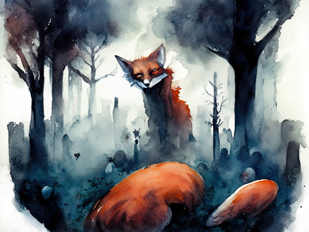 Watercolor fox in the forest.の素材