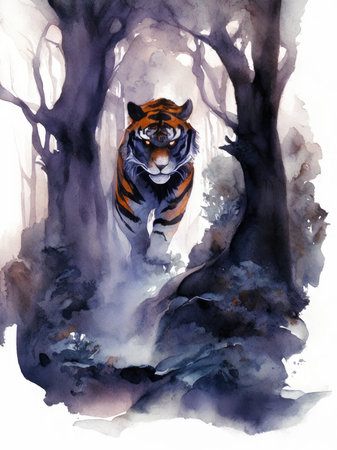 Watercolor tiger in the forest isolated on white background.の素材