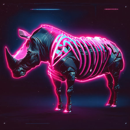 Neon rhinoceros on black background.の素材