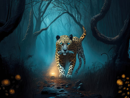 Leopard in the dark forest with a lantern.の素材