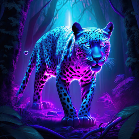 Neon leopard in a dark forest.の素材