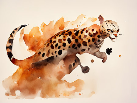 Watercolor leopard jumping with a piece of meatの素材