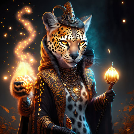 Leopard with burning torches in his hands.の素材