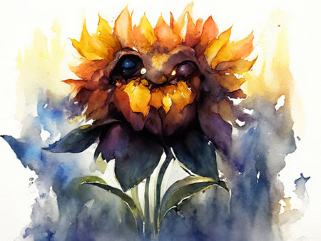 Watercolor sunflower with eyes.の素材