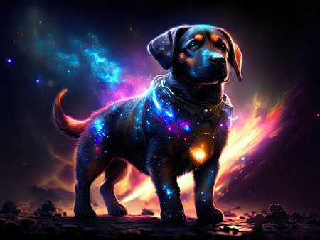 Labrador Retriever puppy in cosmic space.の素材