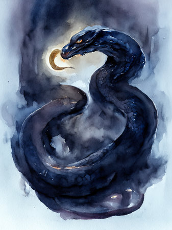 Watercolor black snake with a moon in the backgroundの素材