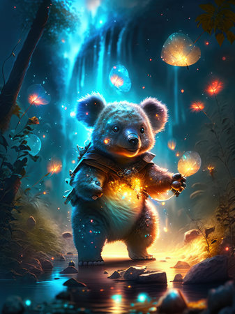 Cute cartoon koala in the forest with a magic lamp.の素材