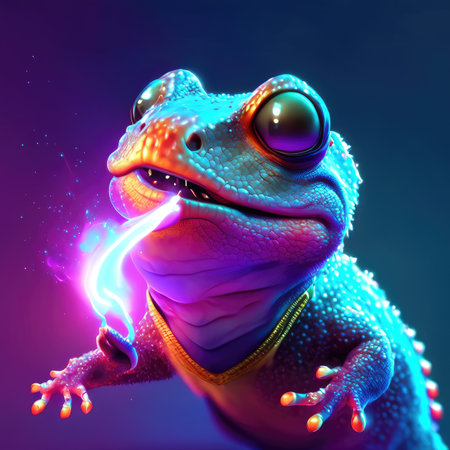 A frog isolated on black background with neon lightsの素材
