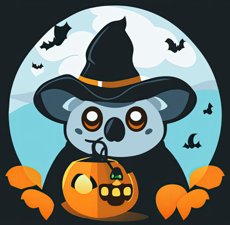 Cute cartoon koala in witch hat and pumpkin lantern.の素材
