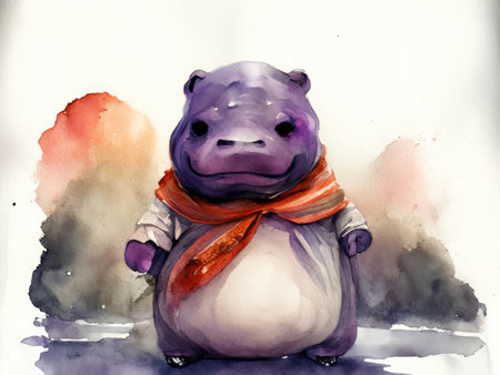 Hippopotamus in a scarf on a watercolor background.の素材