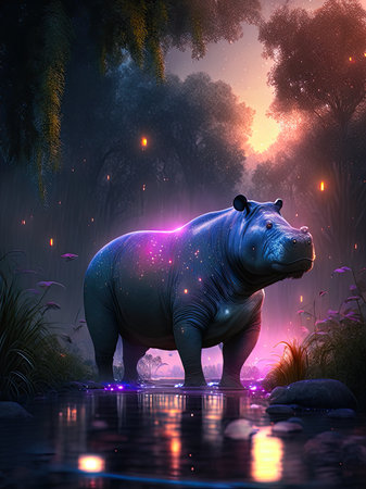 Hippo in the forest at night.の素材
