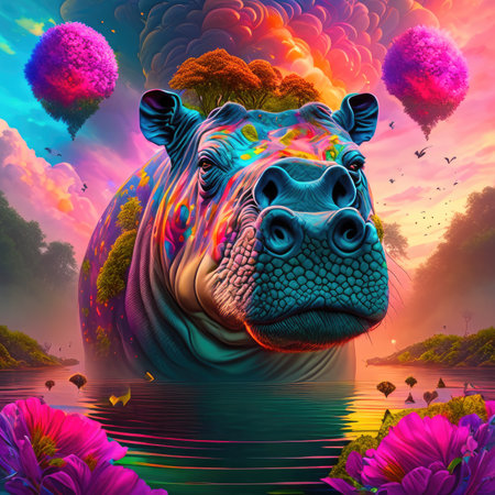 Hippopotamus in surreal surreal landscape.の素材