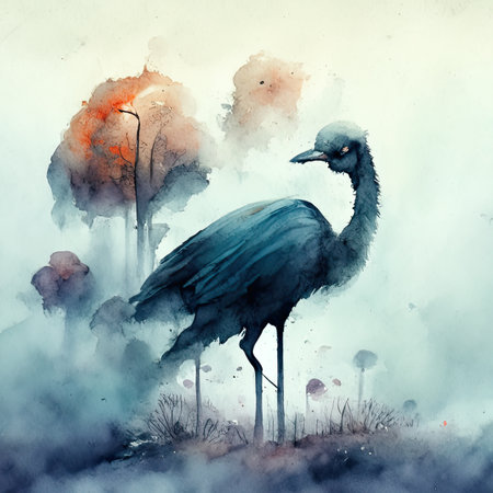 Watercolor African ostrich bird in the forest.の素材