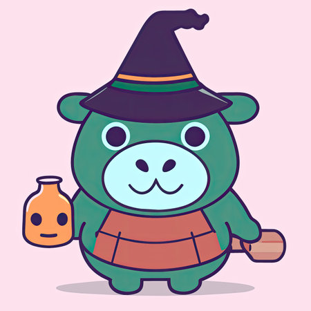 Hippo in a witch costume with a jug of milk.の素材
