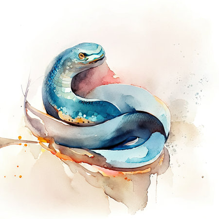 Watercolor snake on a branchの素材