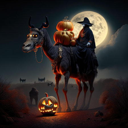 Halloween background with pumpkins and witch on horse.の素材