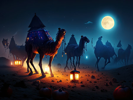 Camel in the desert at night with full moon.の素材