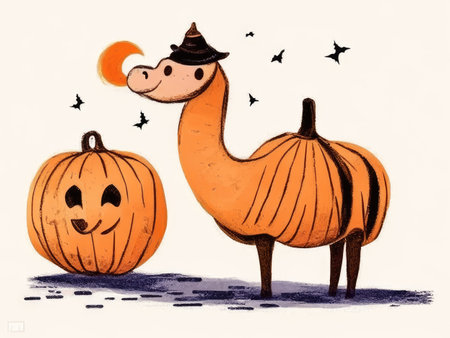 Halloween illustration with cute camel and pumpkins on white background.の素材