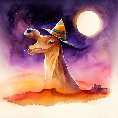 Watercolor dog in a hat on the background of the moonの素材