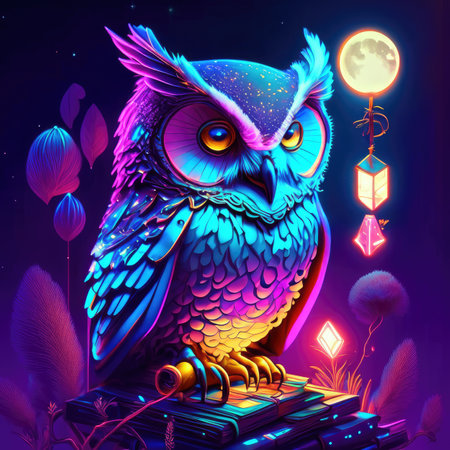 Owl with magic book in bright neon colors.の素材