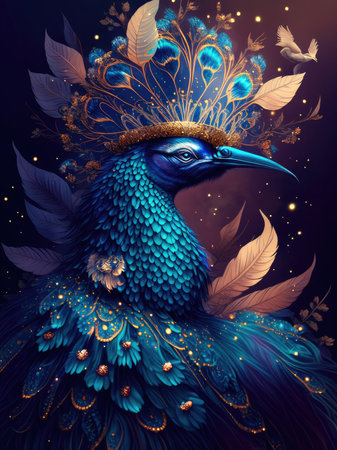 A peacock in a hat with feathers on a dark backgroundの素材