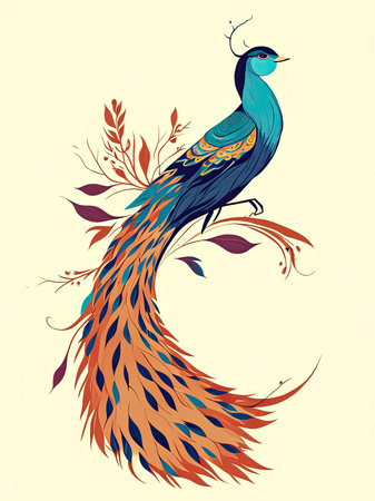 Peacock on a branch with leaves.の素材