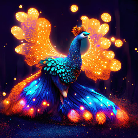 A peacock in a fantasy forest with lights.の素材