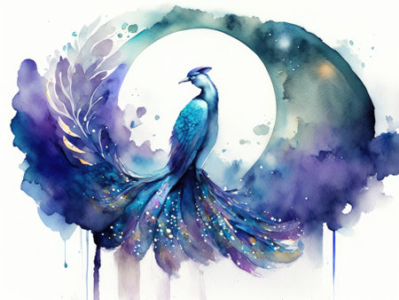 Watercolor beautiful peacock in the moonlight.の素材