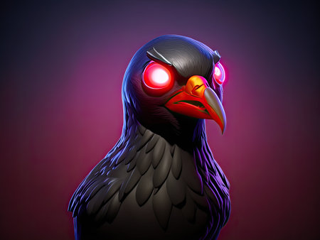 Black crow with red eyes and purple background.の素材