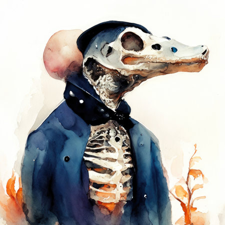 Watercolor man with a skull in a hat and tieの素材