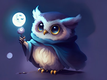 Owl in a blue cloak holding a magic wand.の素材