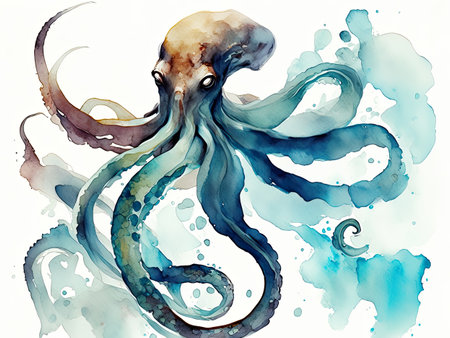 Watercolor octopus isolated on white background.の素材