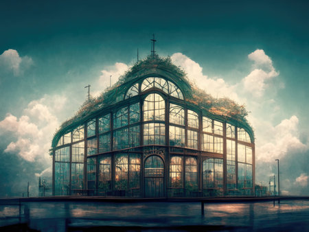 Greenhouse in the city park with clouds in the sky.の素材