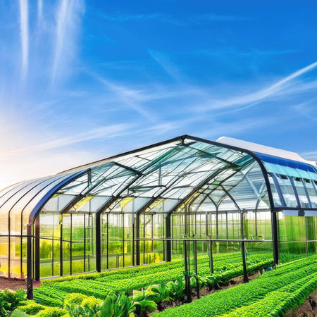 Greenhouse with rows of lettuce plants in the greenhouse. Agricultural landscapeの素材