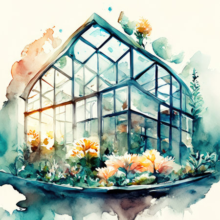 Watercolor greenhouse with flowers in the garden.の素材