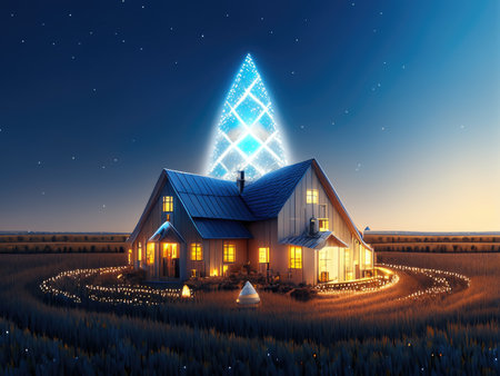 christmas house with christmas tree on the roofの素材