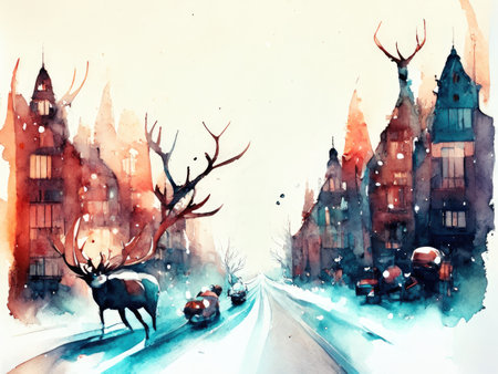 Watercolor Winter cityscape with Christmas trees, houses and deer.の素材