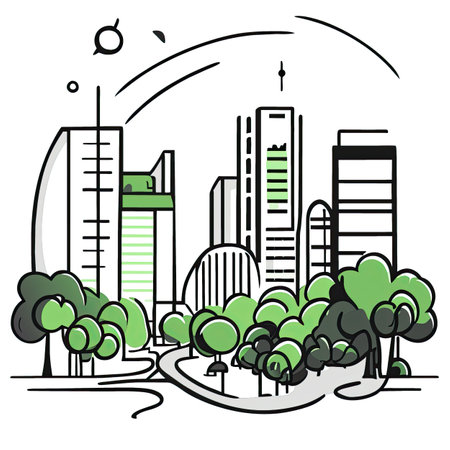 Modern cityscape with skyscrapers and green trees.の素材