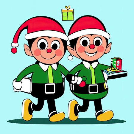 Santa Claus and elf with gifts. Vector illustration in cartoon style.の素材