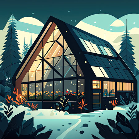 Vector illustration of a greenhouse in the forest. Winter landscape. Cartoon style.の素材