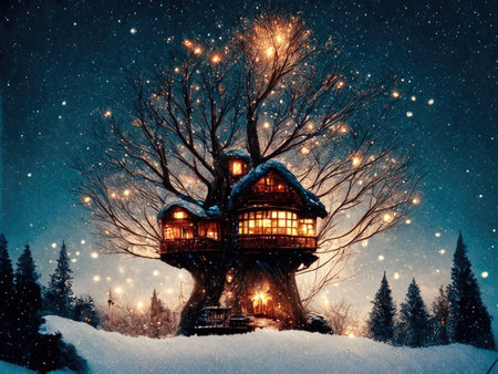 Wooden house in winter forest at night with falling snow. Christmas backgroundの素材