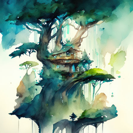 Watercolor house on a tree in the forest.の素材